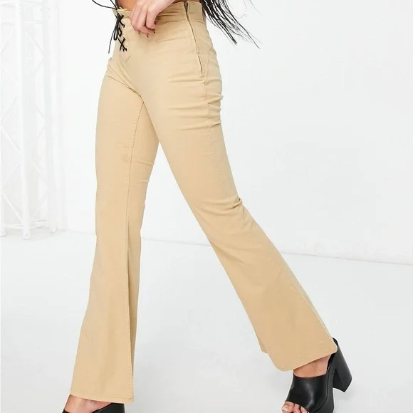 Asos Design Y2K Lace Up Detail Retro High Rise Flare Pants in Beige Stone - Picture 8 of 13
